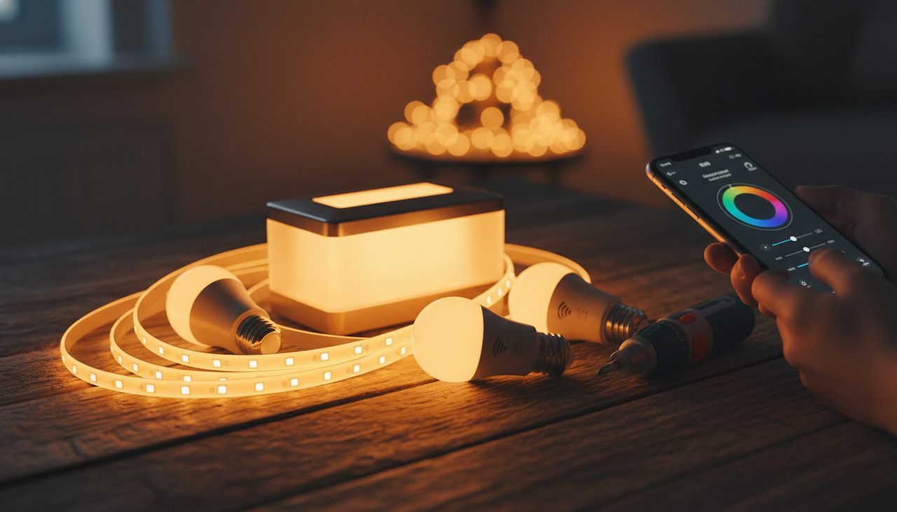 A person installing smart lights in a modern living room